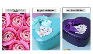 Detail of heart-shaped tin gift box featuring pink soap roses and jeweled ribbon bow