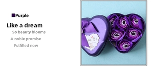 Detail of 6 purple soap roses in a heart-shaped metal gift box with a silk bow