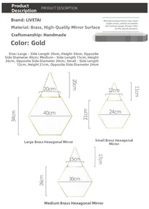 Tabla de tallas con dimensiones para espejos hexagonales de latón dorado en tres tamaños