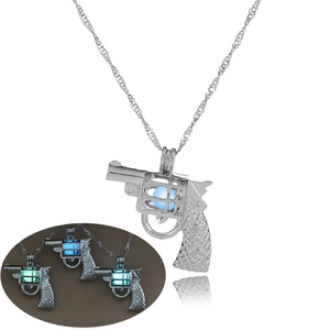 Luminous pistol pendant necklace with blue and green glowing beads in silver finish