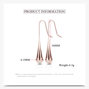 Detailed size chart for 36mm rose gold teardrop earrings showing 4.3g weight data