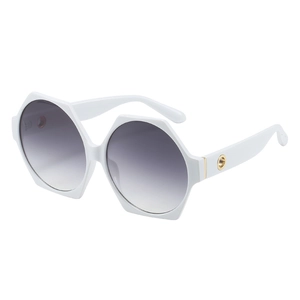 White hexagonal oversized sunglasses with gradient grey lenses and gold metal accents