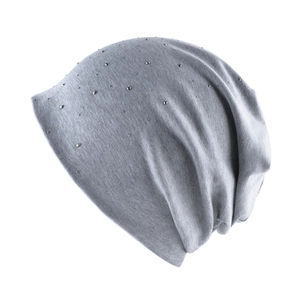 Grey knitted beanie hat for women with sparkling silver rhinestones for winter warmth