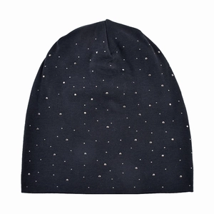 Women's black knitted beanie featuring shiny silver rhinestones for winter warmth