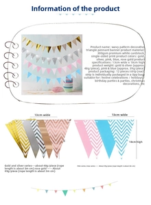 Detail view of wavy gold foil bunting flags with 13x18cm dimensions and string length