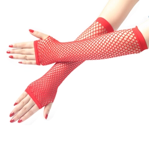 Bright red long fishnet fingerless gloves with elastic mesh for punk clubwear events