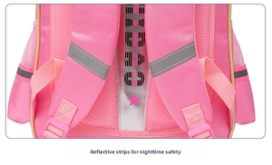 Detail of pink school backpack featuring breathable mesh back pad and reflective safety strips