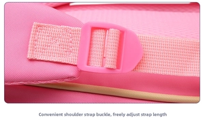 Detail of adjustable pink shoulder strap buckle on ergonomic school backpack for girls
