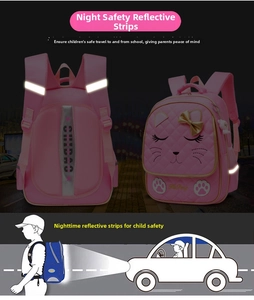 Detail view of pink schoolbag with high-visibility reflective strips for night safety