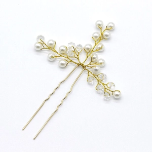 Handmade bridal hair pin with white pearls and crystals on golden U-shaped wire