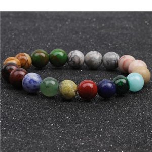Macro detail of Bohemian beaded bracelet featuring various natural colored stone beads