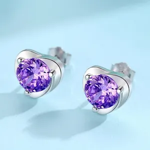 Elegant S925 sterling silver heart stud earrings featuring round purple gemstones