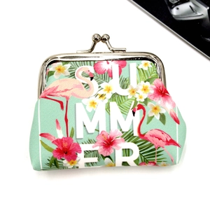 Detail of flamingo print coin purse with metal kiss-lock closure and Summer text