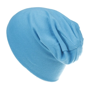Detailed view of sky blue slouchy beanie with fine ribbed knit texture and soft fabric