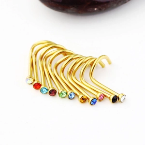 L-shaped gold nose studs set with multi-colored round zircons and curved metal design