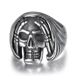 Gothic 3D skull ring in retro silver stainless steel with skeleton hand details