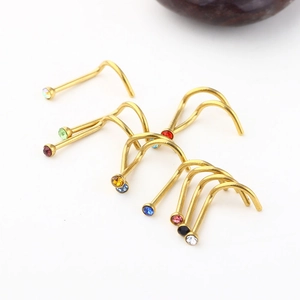 Golden L-shaped nose studs with multi-colored rhinestones on white background