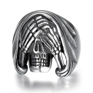 Vintage stainless steel skull ring with see-no-evil design and gothic silver finish