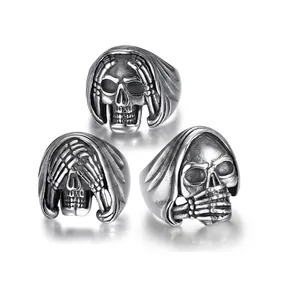 Skull Rings For Men Women 316 Stainless Steel Retro Punk Gothic Biker Jewelry Speak See Say No Evil Skeleton Head