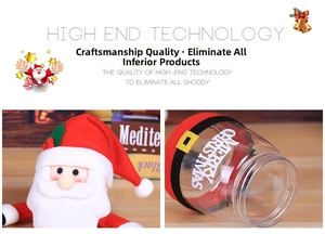 Detail of Christmas candy jar set featuring plush Santa Claus and Merry Christmas print