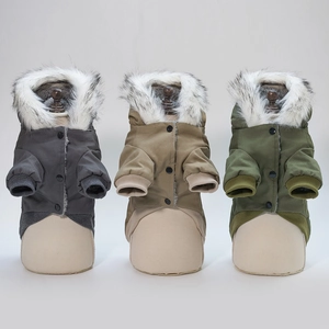 Winter hooded dog cotton coats in dark grey, khaki and army green with faux fur collars