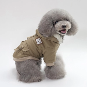 Khaki hooded cotton jacket for small dogs with back pocket and leather brand tag