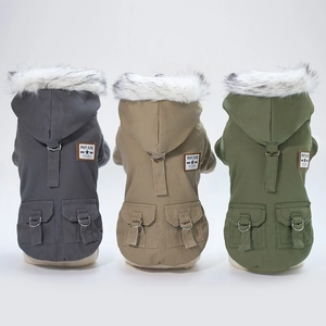 Thick hooded dog coats in grey, khaki and green with white faux fur collars