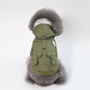 Detailed back view of a durable army green hooded pet jacket with utility pockets and metal rings