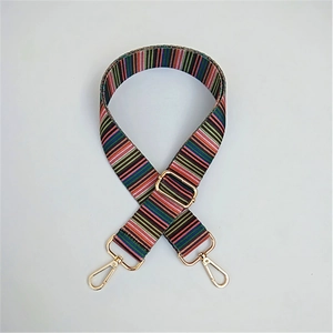 Detail of adjustable woven bag strap with colorful stripes and gold metal buckles