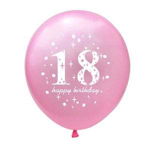 Pink latex balloon detail with 18th birthday print and happy birthday star patterns