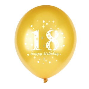 Golden 18th birthday latex balloon with white happy birthday print and stars decoration