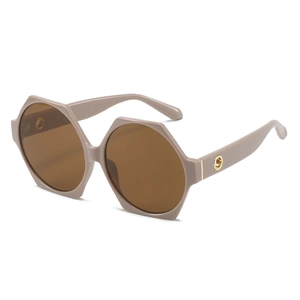 Irregular hexagonal sunglasses in tea brown frame with golden metal hinges for unisex