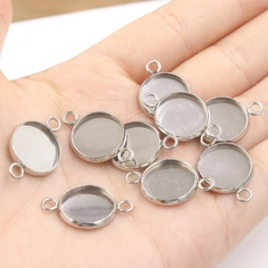 Polished silver stainless steel round tray pendants with double loops for DIY jewelry