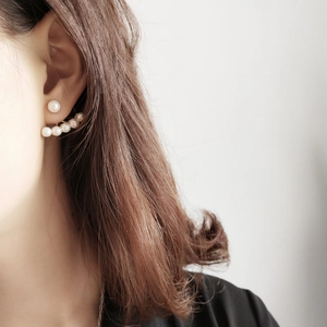 Close-up of elegant 925 sterling silver pearl fan earrings on a female model ear