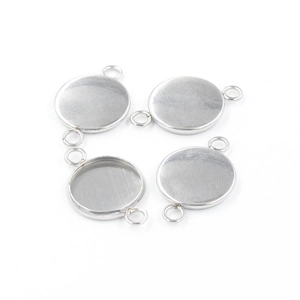 Set of four silver round stainless steel pendant trays with double bail jewelry connectors
