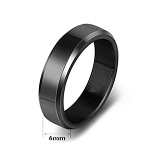 Polished 6mm black stainless steel ring for men with beveled edges and glossy finish