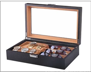 Detailed macro view of 6 watch slots and 3 sunglasses compartments with velvet lining