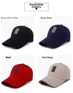 Detail view of cotton baseball caps with leather logo in black, navy, red and beige