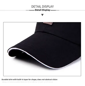 Close-up of black baseball cap brim with white sandwich piping and twill cotton texture