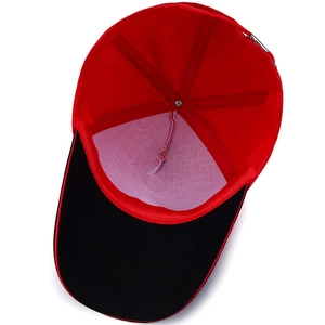 Unisex baseball cap in red and black with breathable mesh lining and adjustable strap