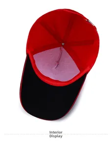 Inside view of red and black baseball cap showing reinforced lining and quality stitching
