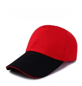 Detail view of the red and black contrast baseball cap with high-quality cotton canvas texture
