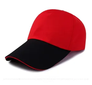Detailed side view of red and black baseball cap with contrast brim and breathable vents