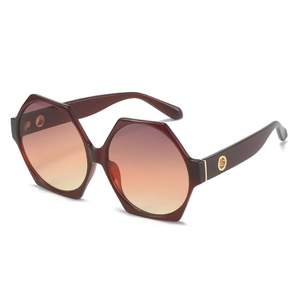 Octagonal oversized sunglasses with burgundy frames and purple-orange gradient lenses