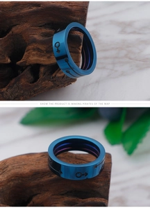 Macro detail of blue titanium steel ring with male and female gender symbol engravings