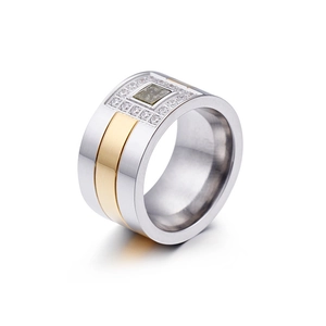 Two-tone titanium steel wide band ring with square dark center stone and zircon accents