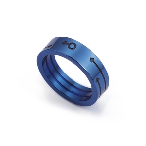 Blue titanium steel ring for couples featuring a male symbol engraving in a matte finish