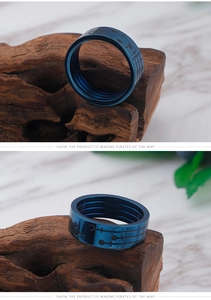 Detailed macro view of the dark blue titanium steel ring with engraved parallel lines