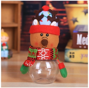 Detail of Christmas reindeer candy jar featuring plush elk head and transparent gift container