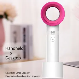 Portable bladeless handheld fan with desktop base and USB charging in white and pink finish